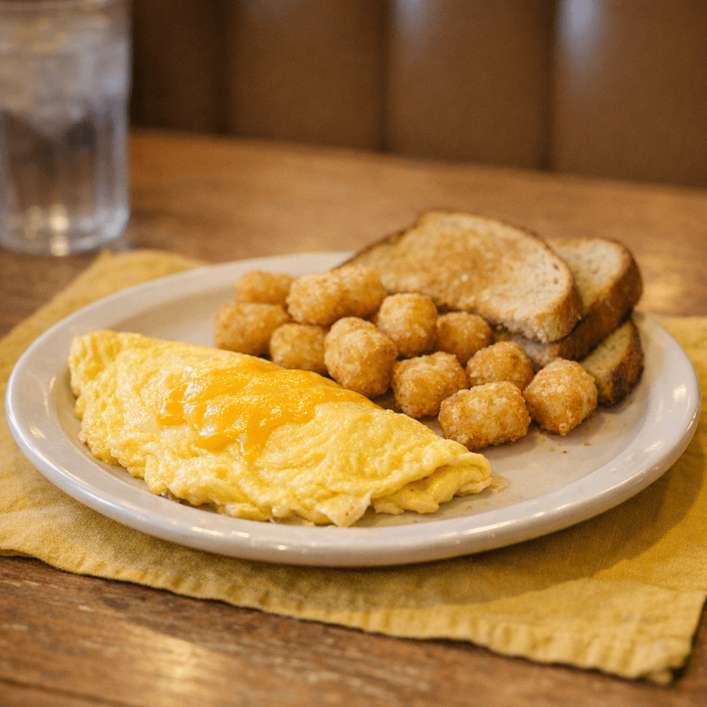 Kid Cheese Omelette, Tots, Toast