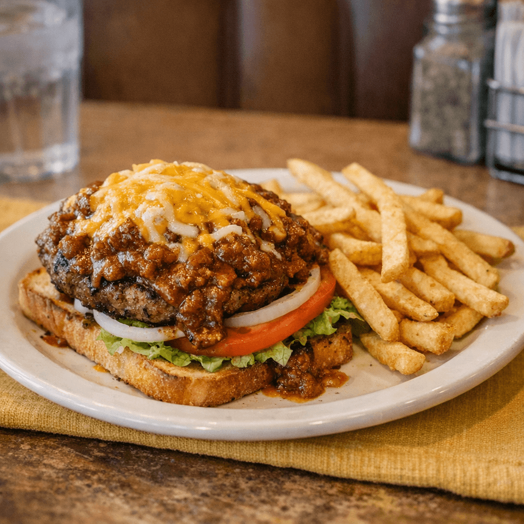 Open Face Chili Cheeseburger